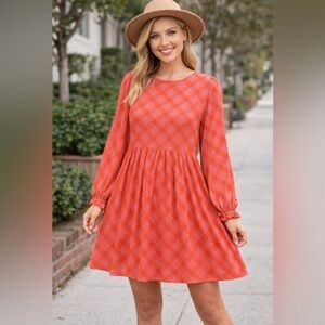 BP Plaid babydoll dress balloon long sleeve orange pink NWT